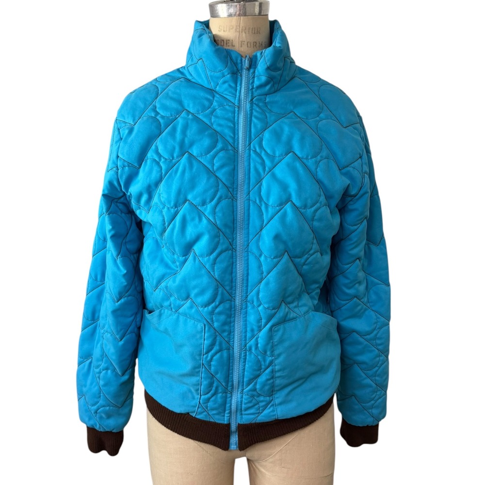 Nooworks Reversible Bomber Jacket Womens S/M Blue Heart Quilt Deer Patch Graphic